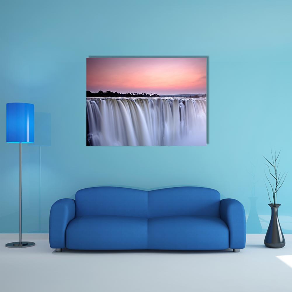 Victoria Falls Sunset Long Exposure Canvas Wall Art in white, purple and pink, single panel hung on a wall