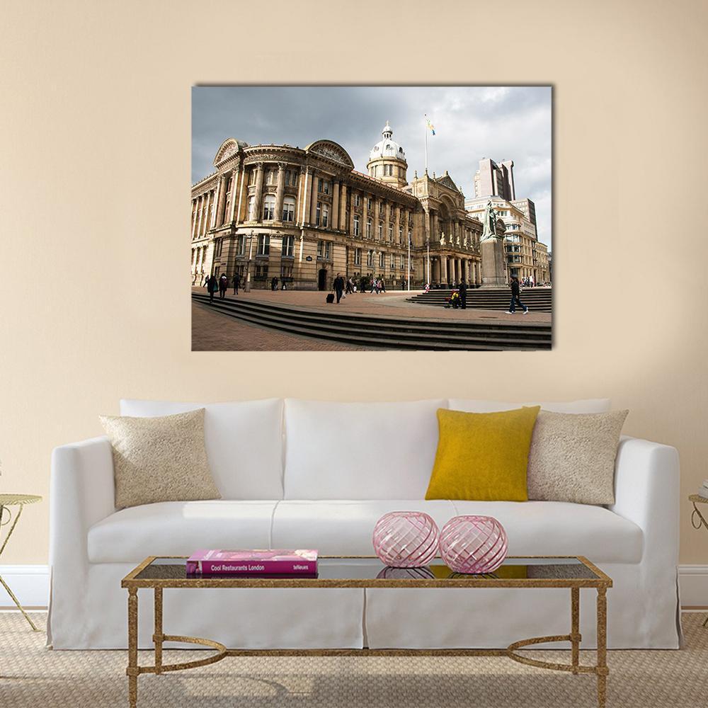 Victoria Square in Birmingham Canvas Wall Art in gray, beige and brown, single panel hung on a wall