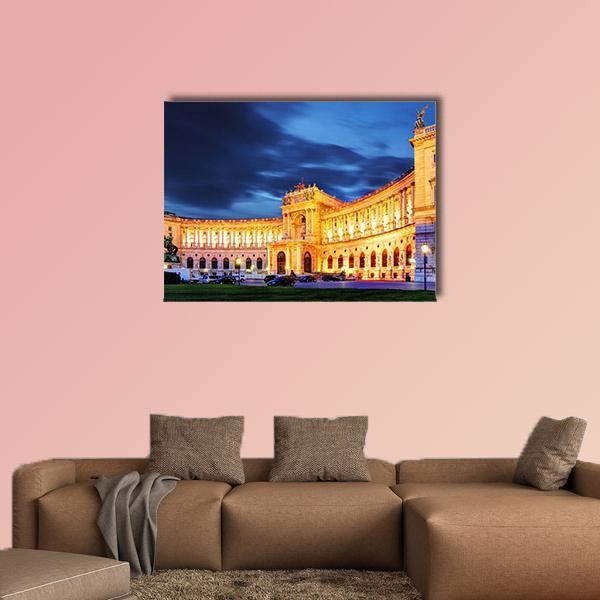 Vienna Hofburg Imperial Palace at Night Canvas Wall Art in gold, yellow and blue, single panel hung on a wall