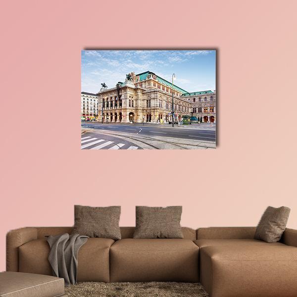Vienna Opera House Canvas Wall Art in gray, beige and blue, single panel hung on a wall