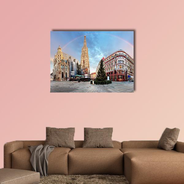 Cathedral Square with Rainbow Canvas Wall Art in gray, beige and blue, single panel hung on a wall