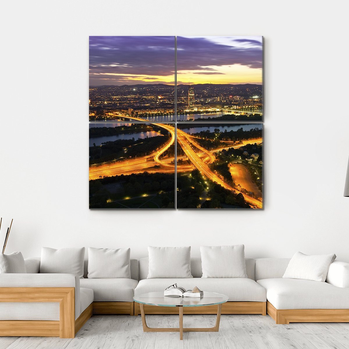 Vienna With Danube River Canvas Wall Art-4 Square-Gallery Wrap-17" x 17"-Tiaracle