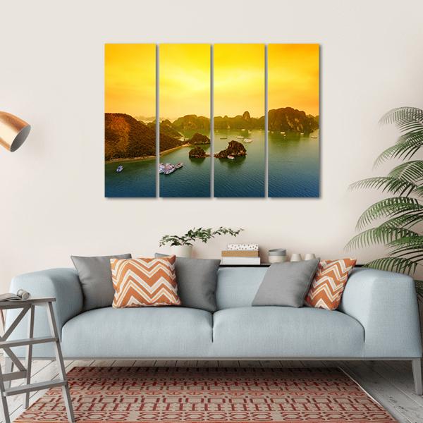Vietnam Halong Bay At Sunset Canvas Wall Art-4 Horizontal-Gallery Wrap-34" x 24"-Tiaracle