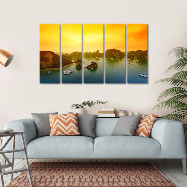 Vietnam Halong Bay At Sunset Canvas Wall Art-5 Horizontal-Gallery Wrap-22" x 12"-Tiaracle