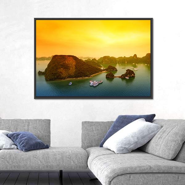 Vietnam Halong Bay At Sunset Canvas Wall Art-3 Horizontal-Gallery Wrap-25" x 16"-Tiaracle