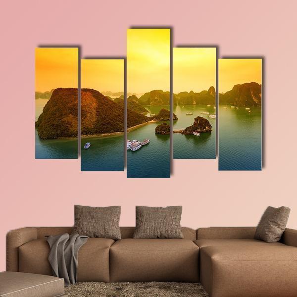 Vietnam Halong Bay At Sunset Canvas Wall Art-5 Pop-Gallery Wrap-47" x 32"-Tiaracle