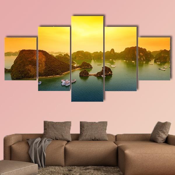 Vietnam Halong Bay At Sunset Canvas Wall Art-5 Pop-Gallery Wrap-47" x 32"-Tiaracle