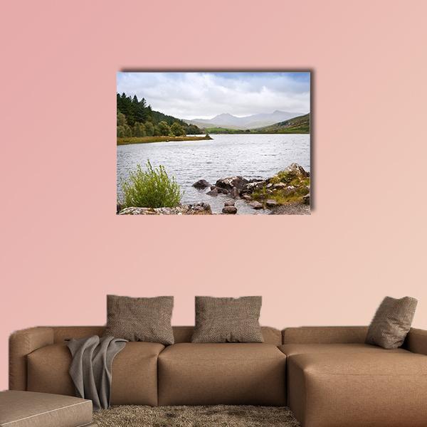 View Along Llyyn Mymbyr Canvas Wall Art in gray, green and blue, single panel hung on a wall