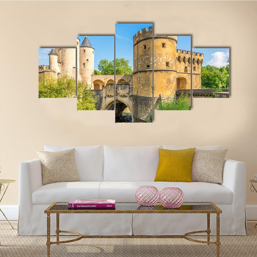 German Gate Bridge View Canvas Wall Art in beige, green and blue, 5 panel Star layout hung on a wall