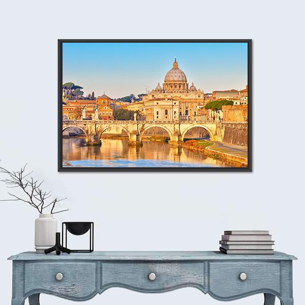 View At Tiber And St Peter Vatican Rome Italy Canvas Wall Art-1 Piece-Floating Frame-24" x 16"-Tiaracle