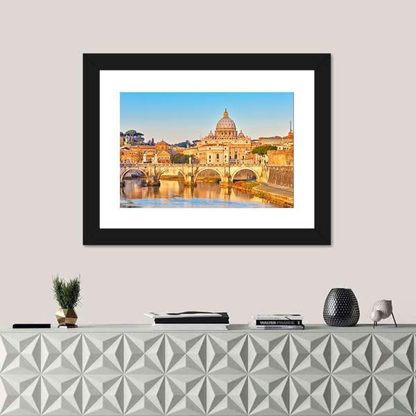 View At Tiber And St Peter Vatican Rome Italy Canvas Wall Art-1 Piece-Framed Print-20" x 16"-Tiaracle