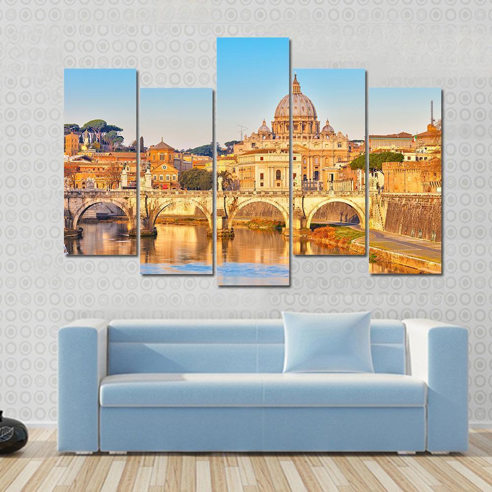 View At Tiber And St Peter Vatican Rome Italy Canvas Wall Art-5 Pop-Gallery Wrap-47" x 32"-Tiaracle