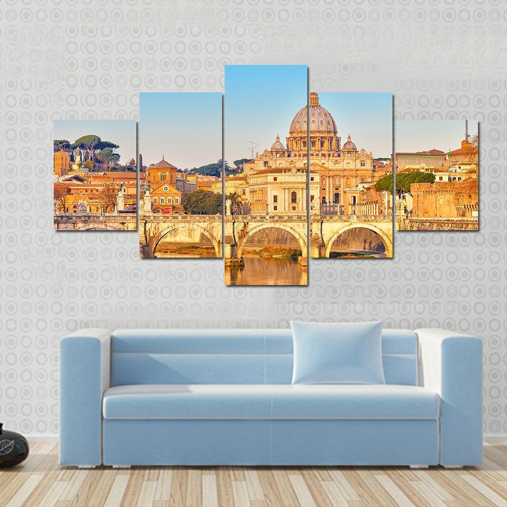View At Tiber And St Peter Vatican Rome Italy Canvas Wall Art-5 Star-Gallery Wrap-62" x 32"-Tiaracle