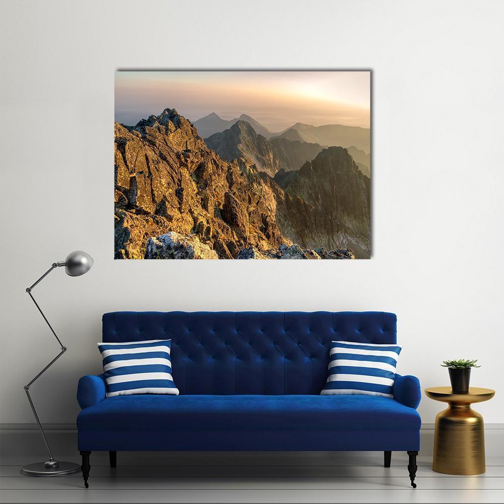 Sunset at Aries Rohy Peak, Slovakia Canvas Wall Art in gray, brown and orange, single panel hung on a wall