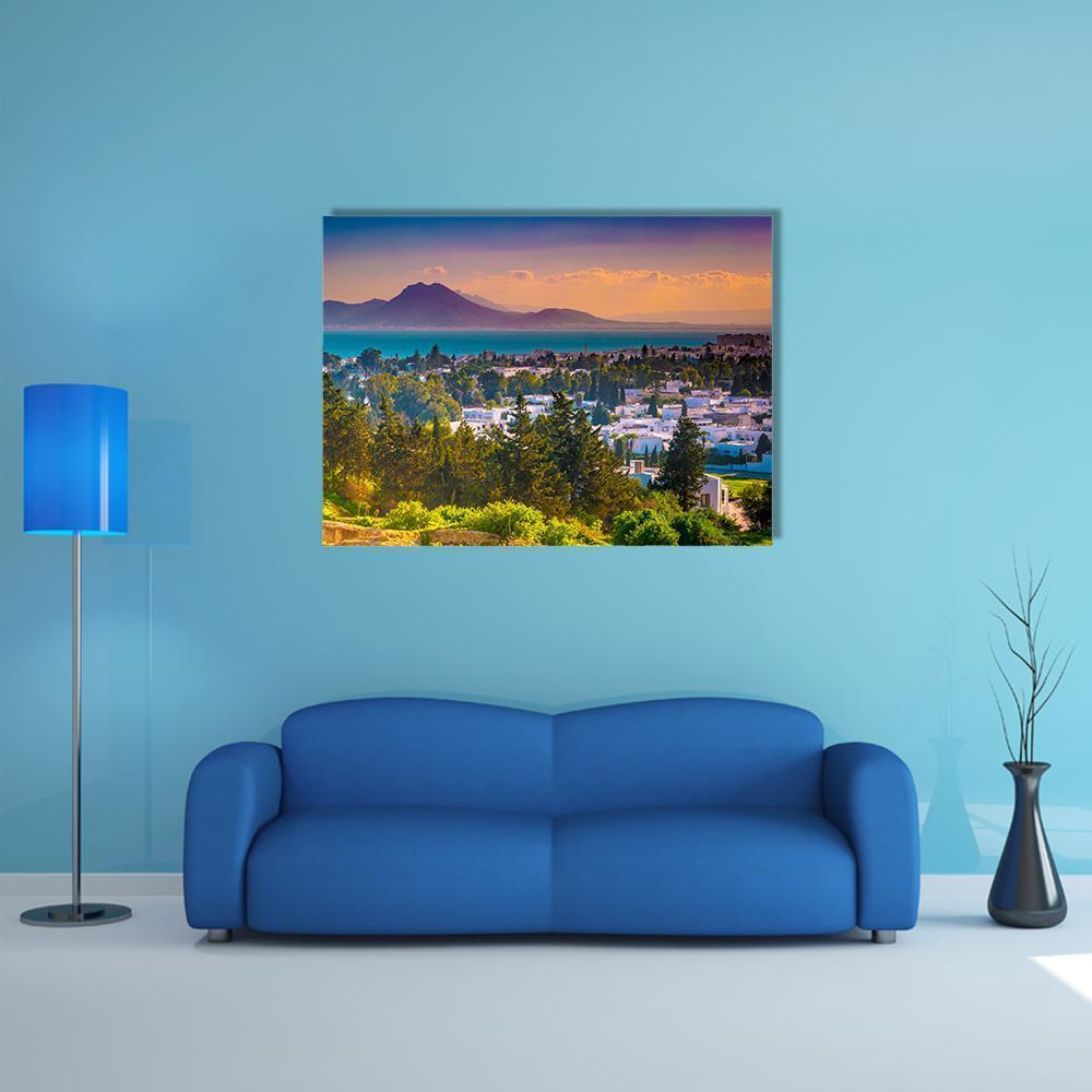 View from Hill Byrsa Canvas Wall Art in orange, green and blue, single panel hung on a wall