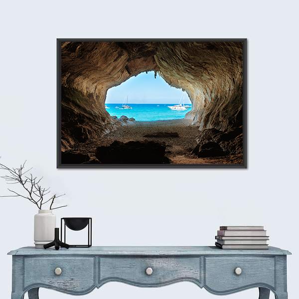 View From Inside Of Cave To The Blue Sea Canvas Wall Art-1 Piece-Floating Frame-24" x 16"-Tiaracle