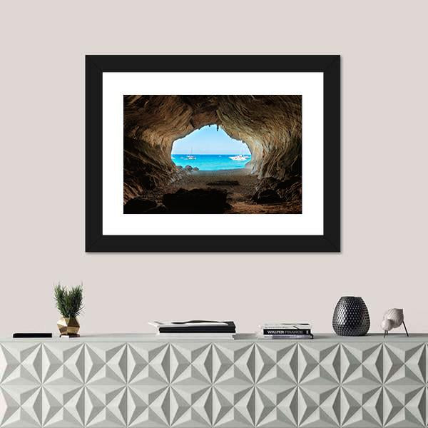 View From Inside Of Cave To The Blue Sea Canvas Wall Art-1 Piece-Framed Print-20" x 16"-Tiaracle