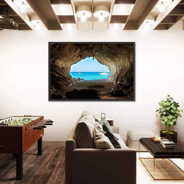 View From Inside Of Cave To The Blue Sea Canvas Wall Art-3 Horizontal-Gallery Wrap-25" x 16"-Tiaracle