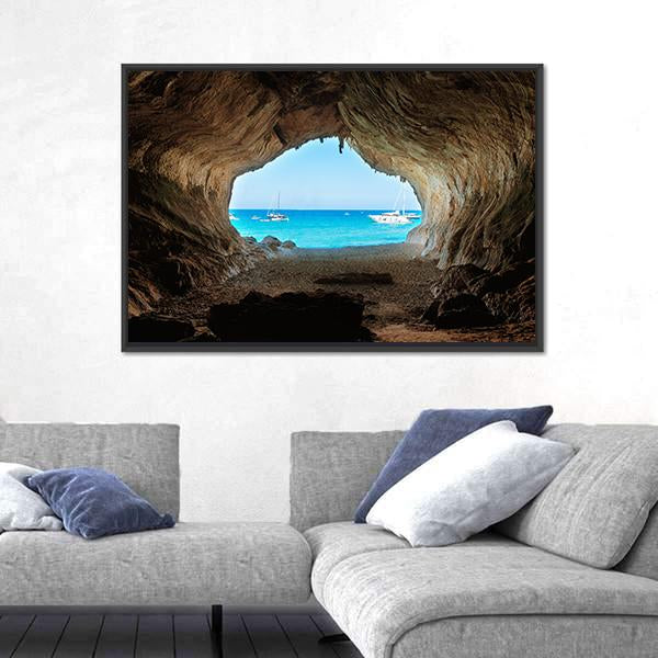 View From Inside Of Cave To The Blue Sea Canvas Wall Art-3 Horizontal-Gallery Wrap-25" x 16"-Tiaracle