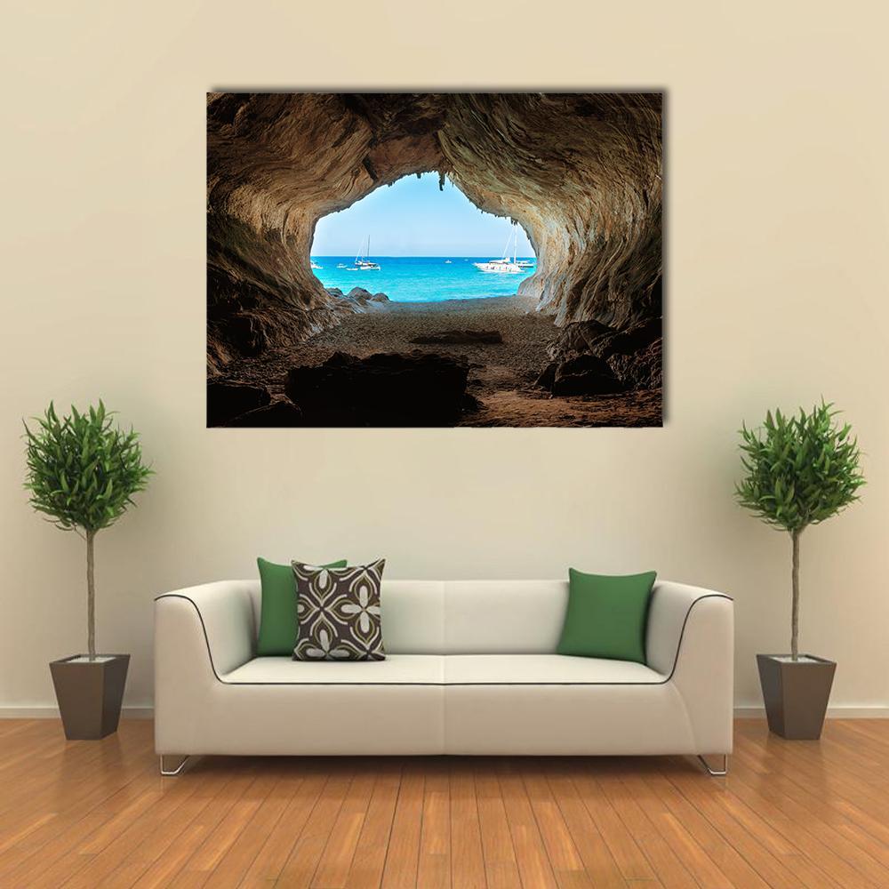 View From Inside Of Cave To The Blue Sea Canvas Wall Art-1 Piece-Gallery Wrap-48" x 32"-Tiaracle