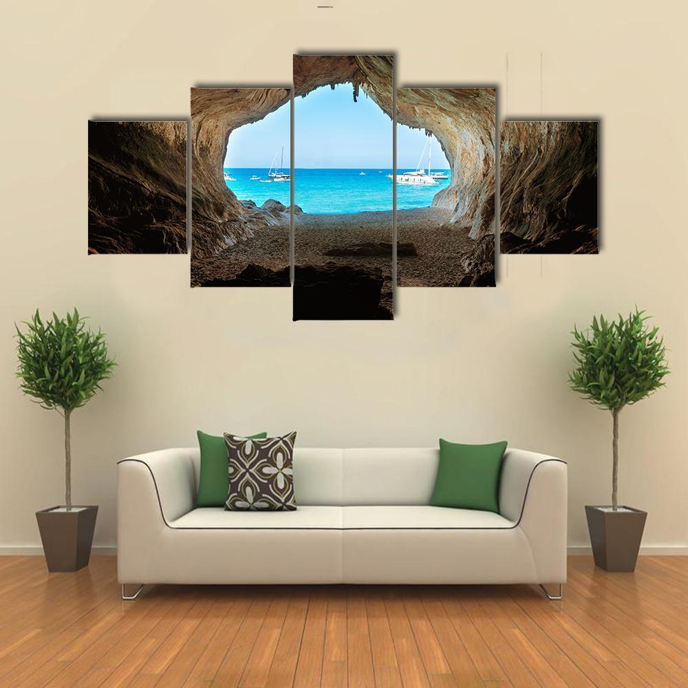 View From Inside Of Cave To The Blue Sea Canvas Wall Art-1 Piece-Gallery Wrap-48" x 32"-Tiaracle