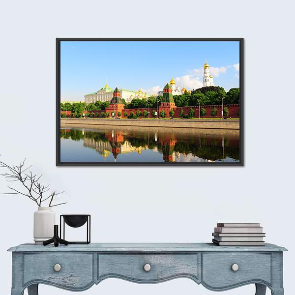 View From Moscow River On Kremlin Canvas Wall Art-1 Piece-Floating Frame-24" x 16"-Tiaracle