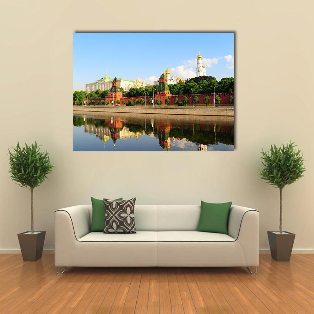 Moscow Kremlin Reflected in the River Canvas Wall Art in red, green and blue, single panel hung on a wall