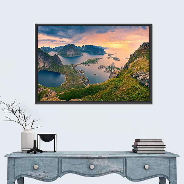 View From Reinebringen At Lofoten Islands Canvas Wall Art-1 Piece-Floating Frame-36" x 24"-Tiaracle
