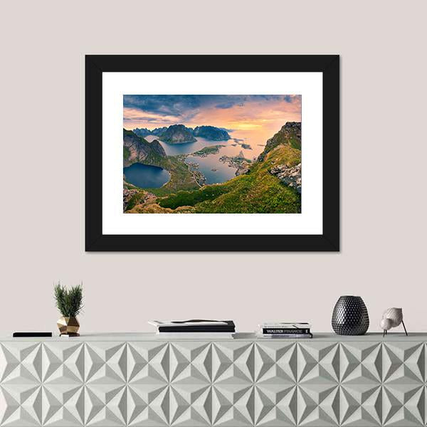 View From Reinebringen At Lofoten Islands Canvas Wall Art-1 Piece-Framed Print-30" x 20"-Tiaracle
