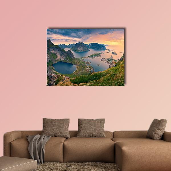 View from Reinebringen, Lofoten Islands Canvas Wall Art in orange, green and blue, single panel hung on a wall