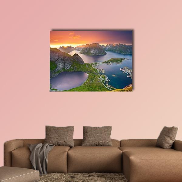 Reinebringen View of Lofoten Islands Canvas Wall Art in orange, green and blue, single panel hung on a wall