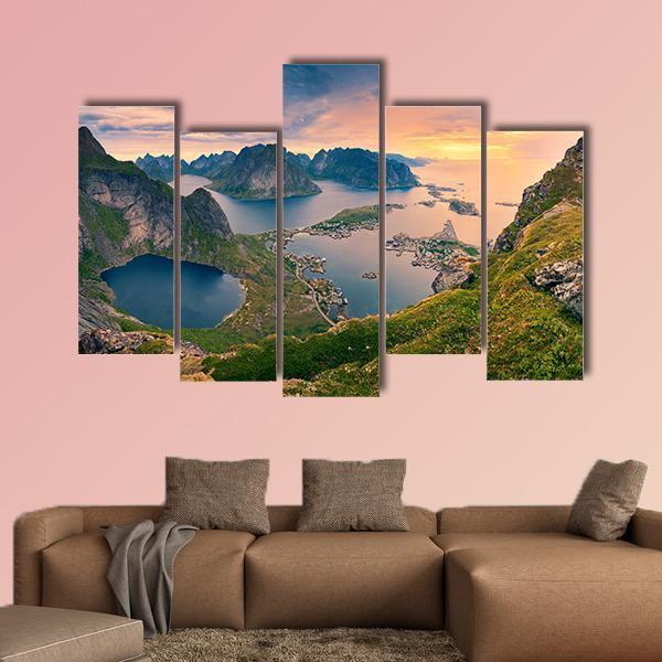 View From Reinebringen At Lofoten Islands Canvas Wall Art-5 Pop-Gallery Wrap-47" x 32"-Tiaracle