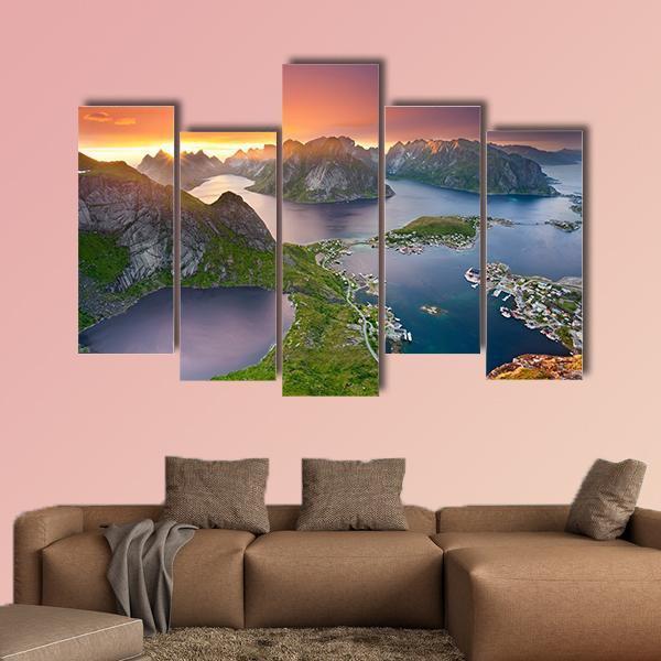 View From Reinebringen At Lofoten Islands Canvas Wall Art-5 Pop-Gallery Wrap-47" x 32"-Tiaracle