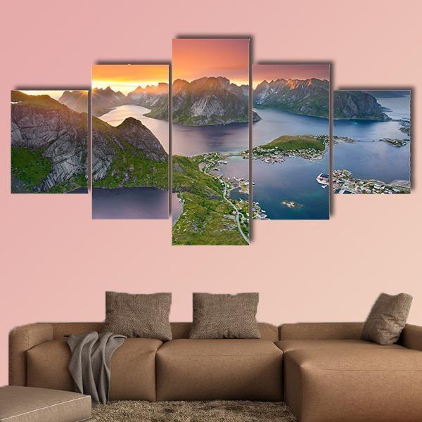 View From Reinebringen At Lofoten Islands Canvas Wall Art-5 Star-Gallery Wrap-62" x 32"-Tiaracle