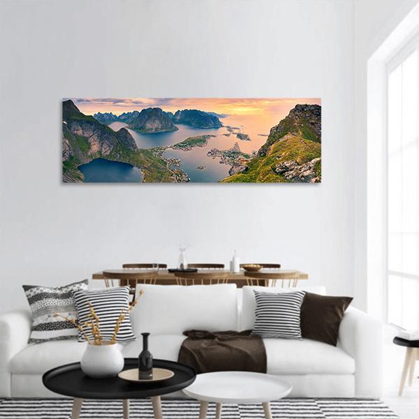 View From Reinebringen At Lofoten Islands Panoramic Canvas Wall Art-3 Piece-25" x 08"-Tiaracle