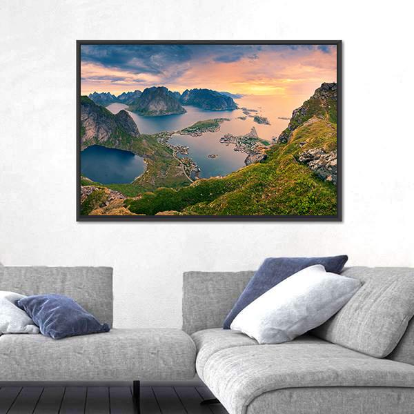 View From Reinebringen At Lofoten Islands Panoramic Canvas Wall Art-1 Piece-36" x 12"-Tiaracle