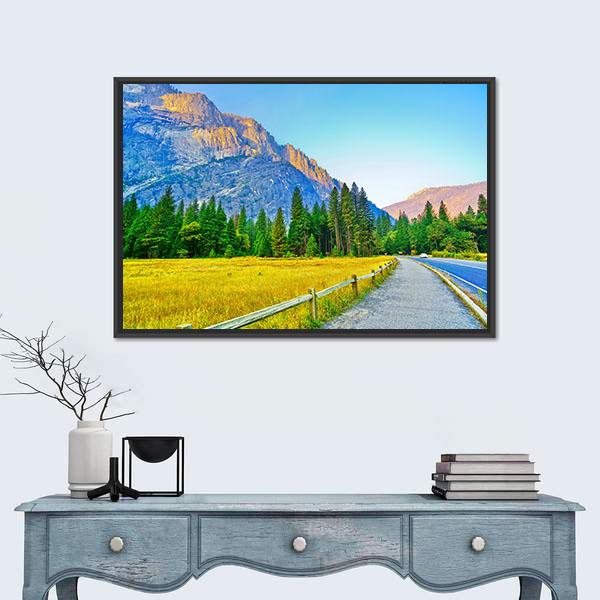 View From Yosemite Valley At Dawn In Autumn Canvas Wall Art-1 Piece-Floating Frame-24" x 16"-Tiaracle