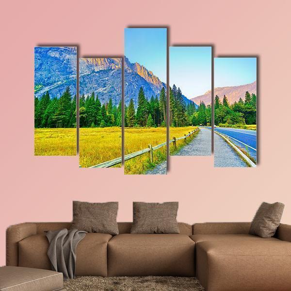 View From Yosemite Valley At Dawn In Autumn Canvas Wall Art-5 Pop-Gallery Wrap-47" x 32"-Tiaracle