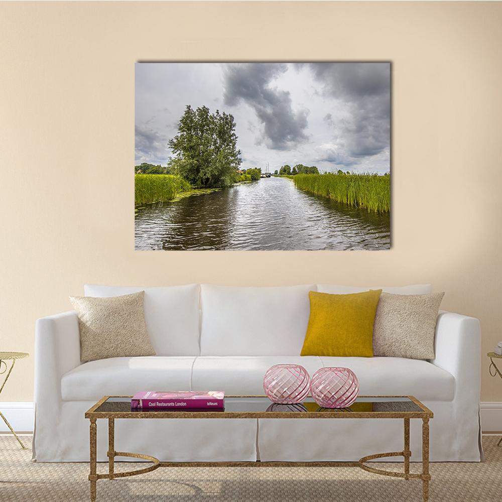 View In Canal Banks With Reeds And Typha Canvas Wall Art-1 Piece-Gallery Wrap-48" x 32"-Tiaracle