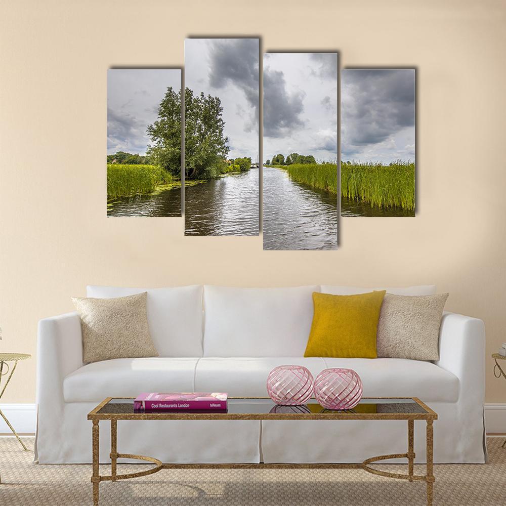 View In Canal Banks With Reeds And Typha Canvas Wall Art-4 Pop-Gallery Wrap-50" x 32"-Tiaracle