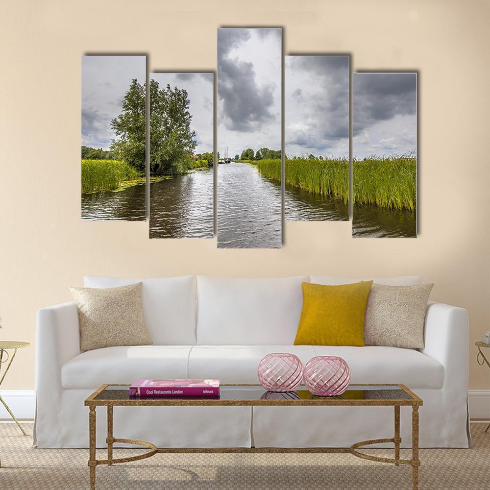 View In Canal Banks With Reeds And Typha Canvas Wall Art-5 Pop-Gallery Wrap-47" x 32"-Tiaracle