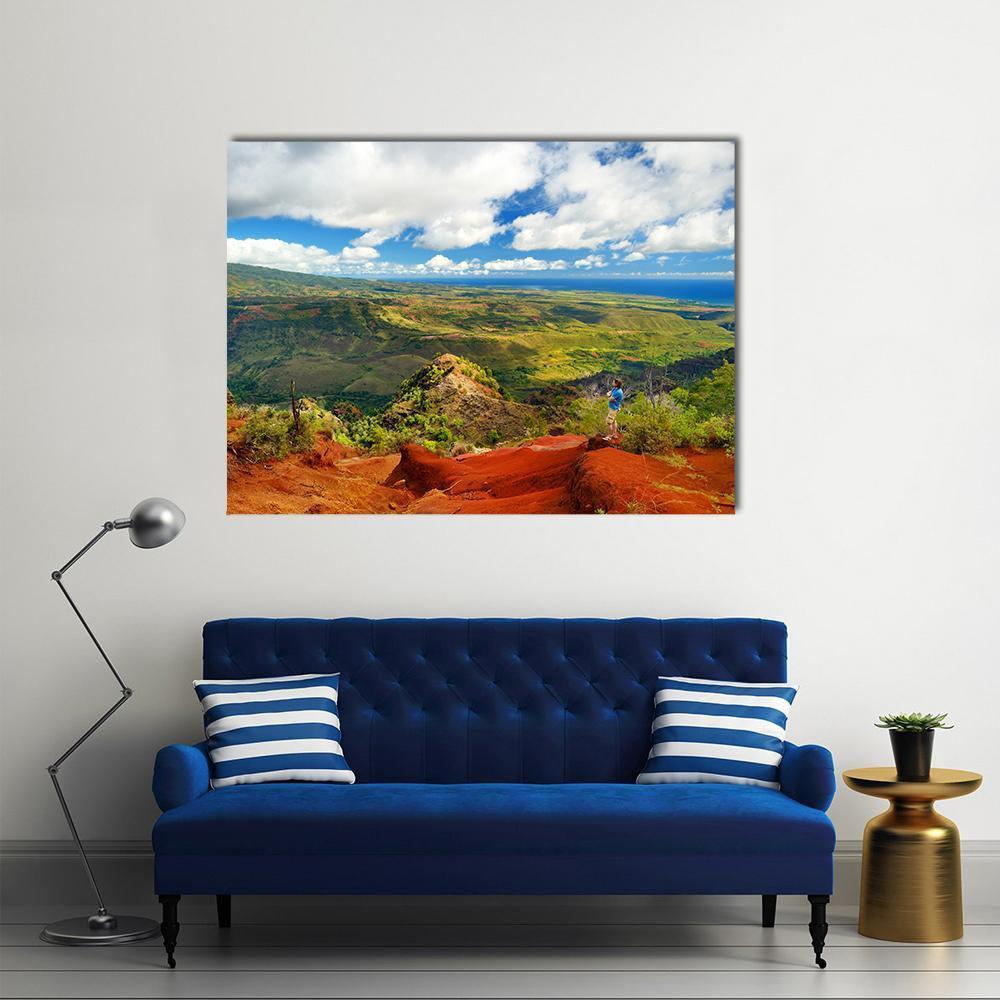 View Into Waimea Canyon Canvas Wall Art in red, green and blue, single panel hung on a wall