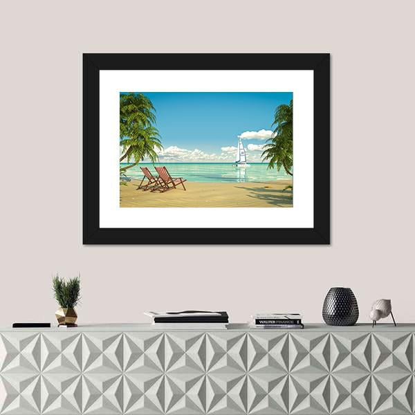 View Of A Caribbean Beach With Deck Chairs And Boat Canvas Wall Art-1 Piece-Framed Print-20" x 16"-Tiaracle