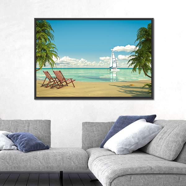 View Of A Caribbean Beach With Deck Chairs And Boat Canvas Wall Art-3 Horizontal-Gallery Wrap-25" x 16"-Tiaracle