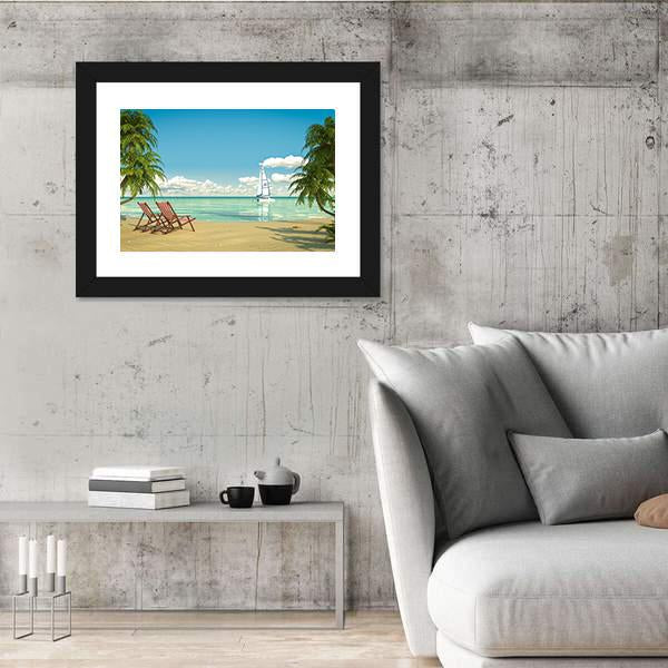View Of A Caribbean Beach With Deck Chairs And Boat Canvas Wall Art-5 Horizontal-Gallery Wrap-22" x 12"-Tiaracle