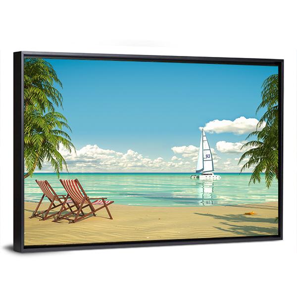 View Of A Caribbean Beach With Deck Chairs And Boat Canvas Wall Art-5 Horizontal-Gallery Wrap-22" x 12"-Tiaracle