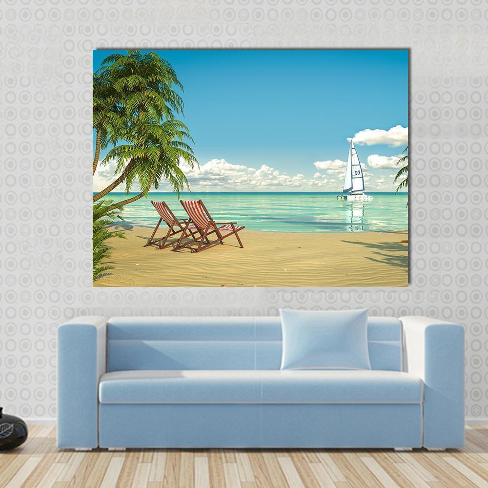Caribbean Beach with Chairs and Sailboat Canvas Wall Art in beige, green and blue, single panel hung on a wall
