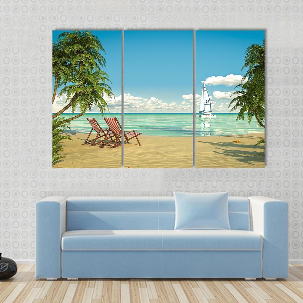 View Of A Caribbean Beach With Deck Chairs And Boat Canvas Wall Art-3 Horizontal-Gallery Wrap-37" x 24"-Tiaracle
