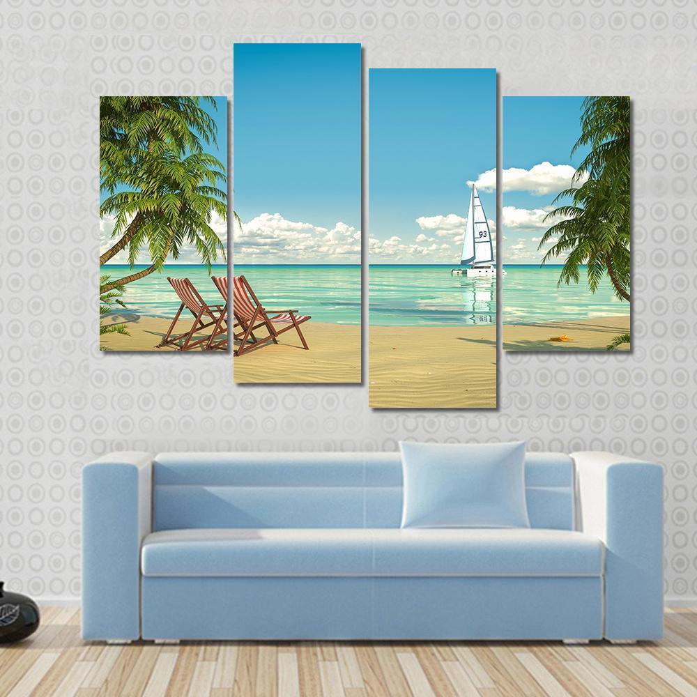 View Of A Caribbean Beach With Deck Chairs And Boat Canvas Wall Art-4 Pop-Gallery Wrap-50" x 32"-Tiaracle