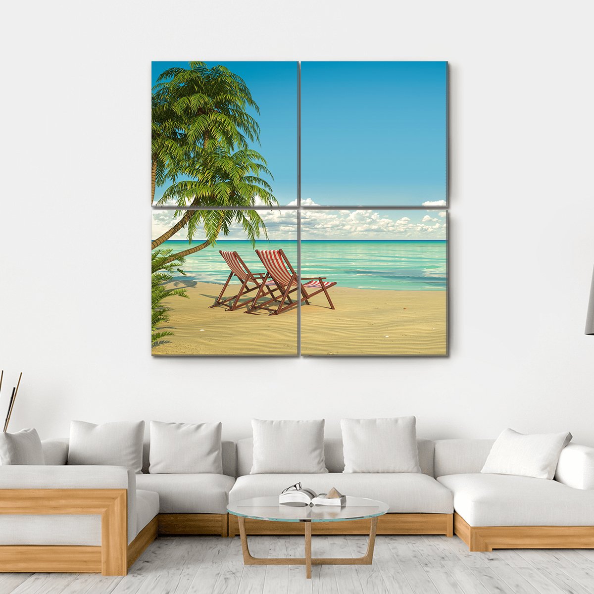 View Of A Caribbean Beach With Deck Chairs And Boat Canvas Wall Art-4 Square-Gallery Wrap-17" x 17"-Tiaracle